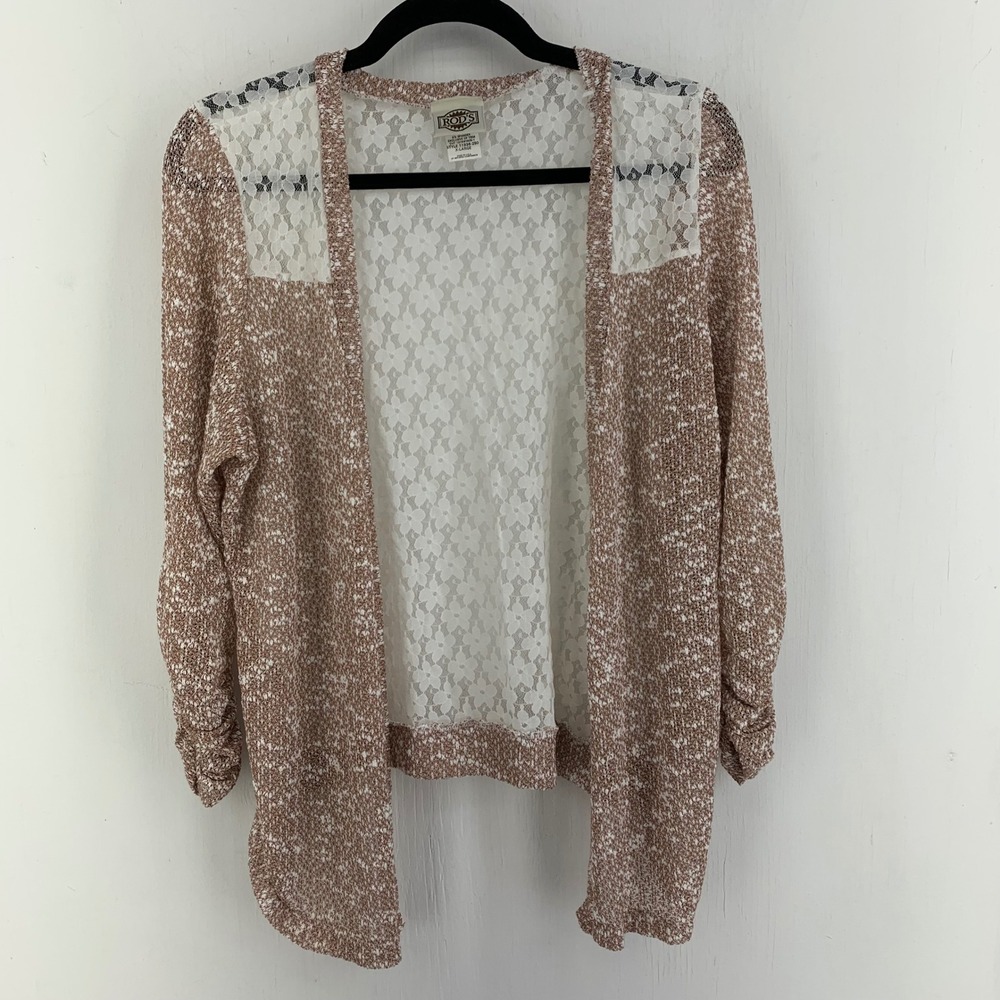 Vintage 90s RODS Womens XL Cardigan Sweater Lace Open Front Floral Cottage Pink